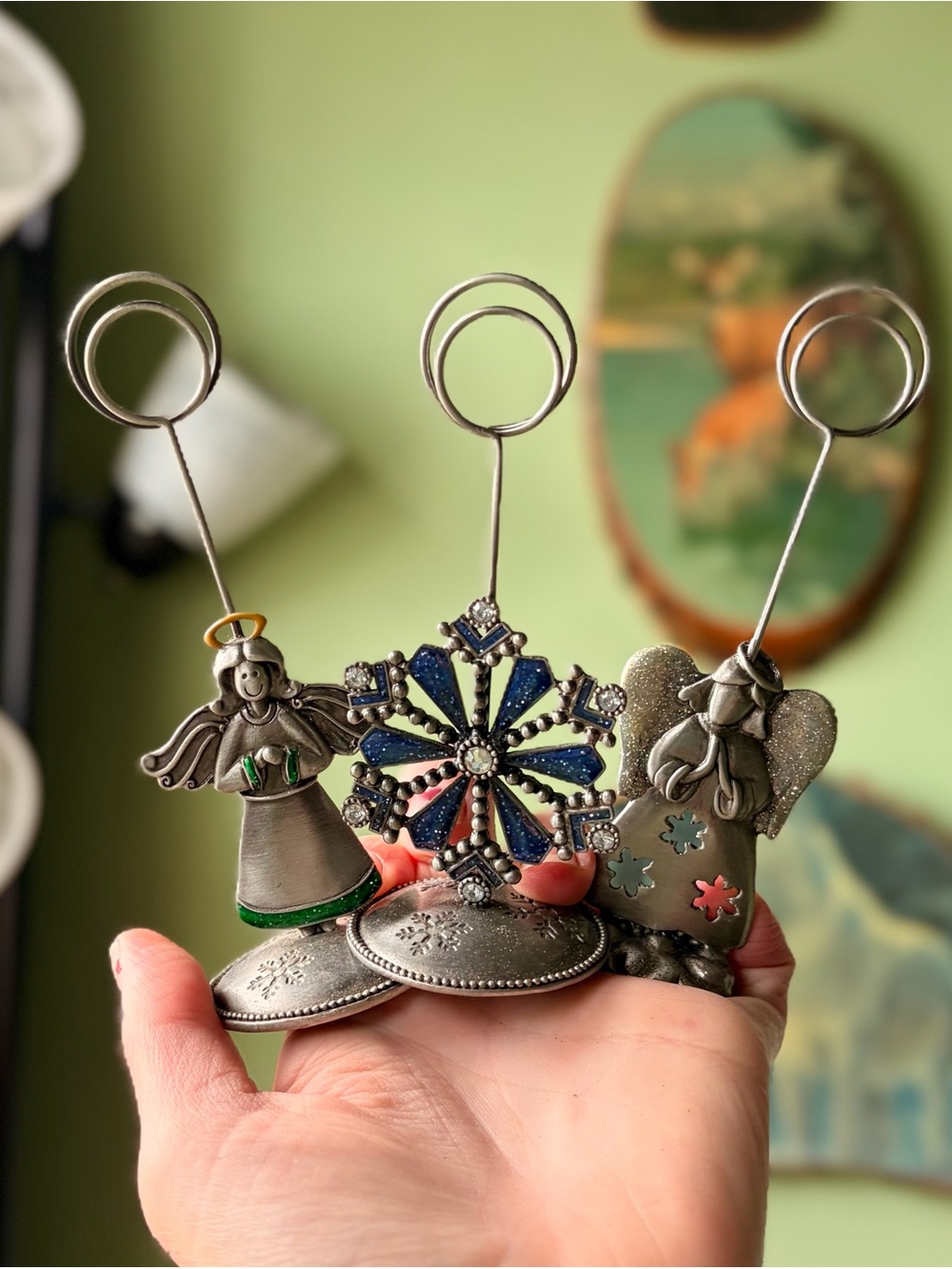 Metal Angel and Snowflake Photo/Note Holder - Silver and Green Accent